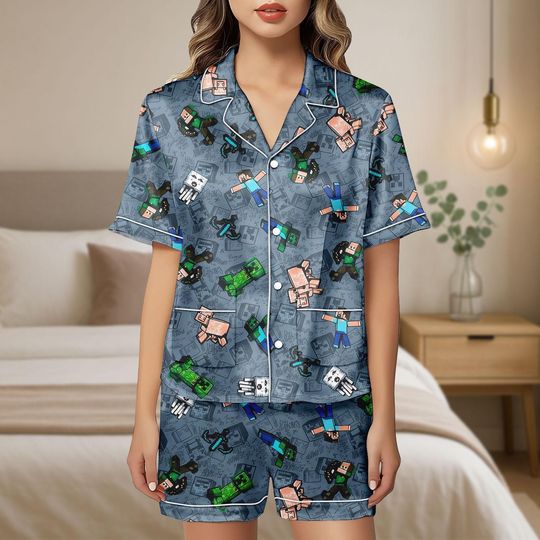 Minecraft Pixel Pajama Set for Kids and Adults with Pocket