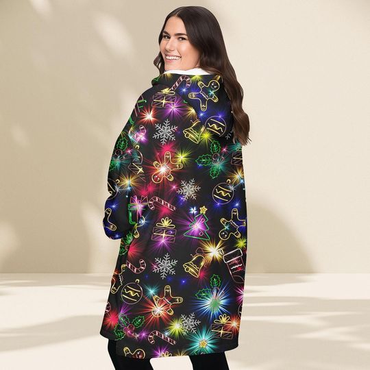 Neon Lights Christmas Blanket Hoodie, Festive Glow Holiday Wearable Blanket, Cozy Oodie Style Gift For Women Man Kid, Xmas Gift