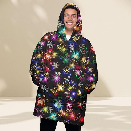 Neon Lights Christmas Blanket Hoodie, Festive Glow Holiday Wearable Blanket, Cozy Oodie Style Gift For Women Man Kid, Xmas Gift