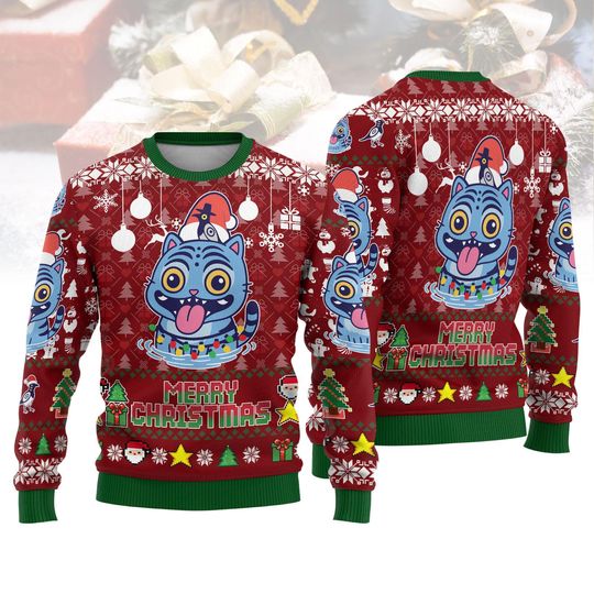 Derpy Tiger Merry Christmas Sweater, Funny Christmas Ugly Sweater, Blue Tiger Christmas Sweater, Kpop Tiger Gift, Dem0n Hunter Gift