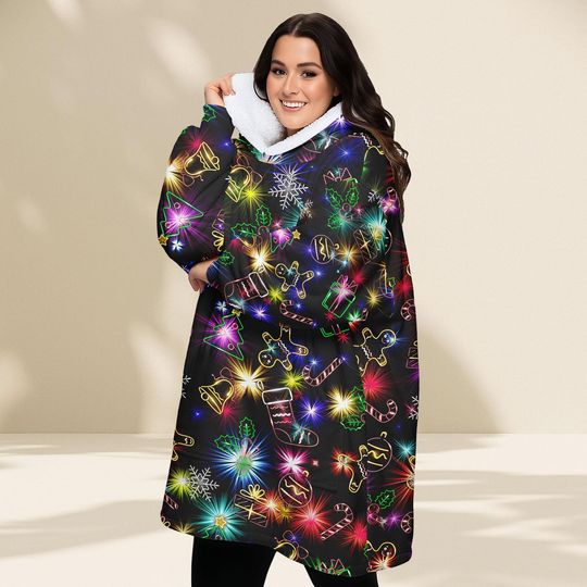 Neon Lights Christmas Blanket Hoodie, Festive Glow Holiday Wearable Blanket, Cozy Oodie Style Gift For Women Man Kid, Xmas Gift