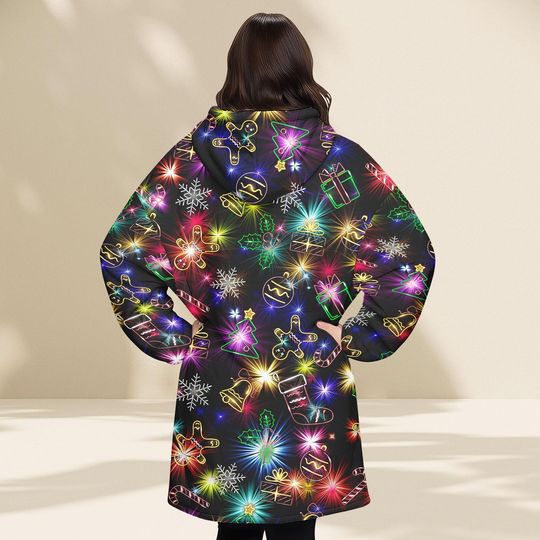 Neon Lights Christmas Blanket Hoodie, Festive Glow Holiday Wearable Blanket, Cozy Oodie Style Gift For Women Man Kid, Xmas Gift