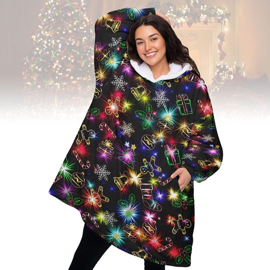 Neon Lights Christmas Blanket Hoodie, Festive Glow Holiday Wearable Blanket, Cozy Oodie Style Gift For Women Man Kid, Xmas Gift