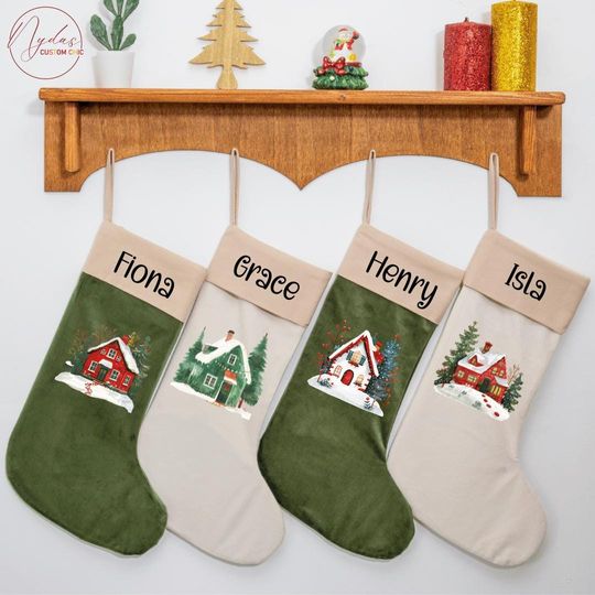 Personalized Velvet Christmas Stocking, Holiday Cottage Stocking with Name, Custom Velvet Xmas Stocking for Family