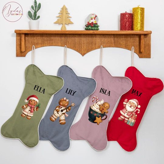 Personalized Christmas Stocking, Custom Velvet Stocking with Name, Gingerbread Stocking, Holiday Decor, Kids Christmas Gift Stocking