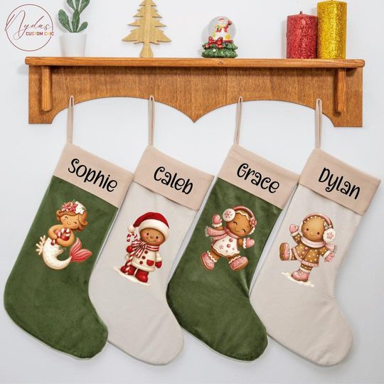 Personalized Christmas Stocking, Custom Velvet Stocking with Name, Gingerbread Stocking, Holiday Decor, Kids Christmas Gift Stocking