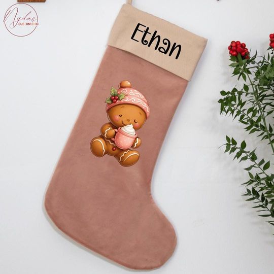 Personalized Christmas Stocking, Custom Velvet Stocking with Name, Gingerbread Stocking, Holiday Decor, Kids Christmas Gift Stocking