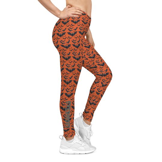 Orange Bat Print Leggings: Gothic Yoga Pants