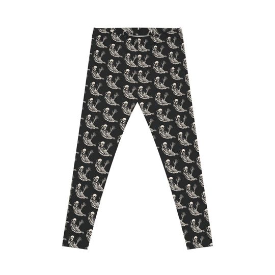 Waving Skeleton Leggings: Gothic Yoga Pants, Halloween Castle Print