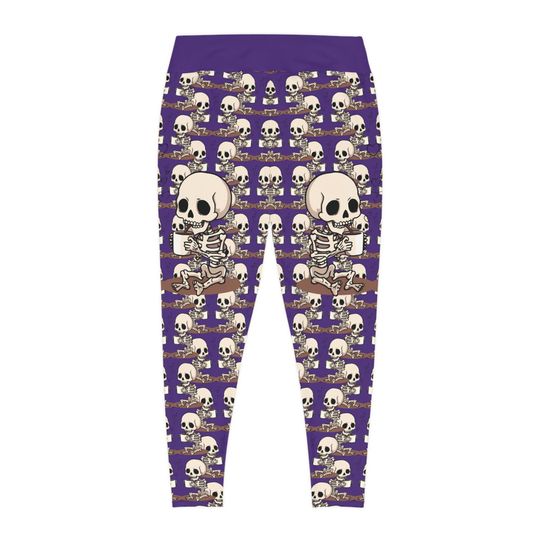 Skeleton Coffee Meeting Purple Leggings, Plus Size Skull Printed Pants