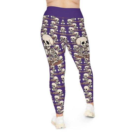 Skeleton Coffee Meeting Purple Leggings, Plus Size Skull Printed Pants