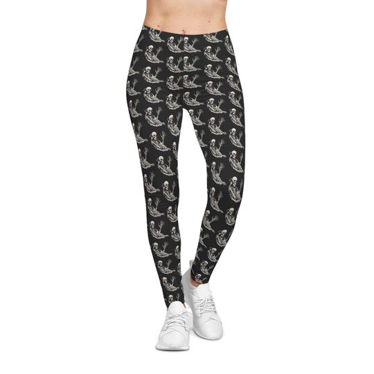 Waving Skeleton Leggings: Gothic Yoga Pants, Halloween Castle Print