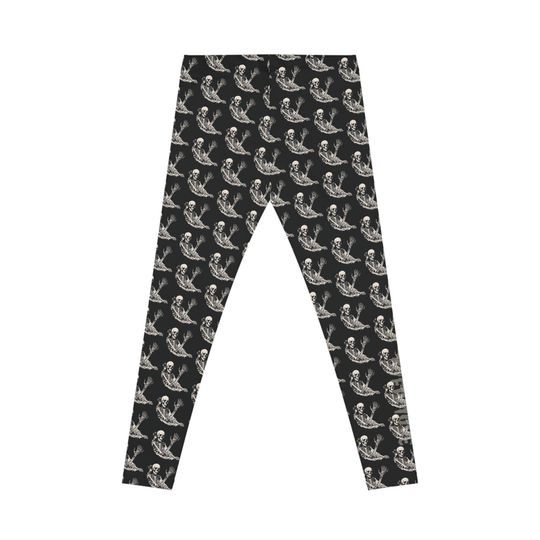 Waving Skeleton Leggings: Gothic Yoga Pants, Halloween Castle Print