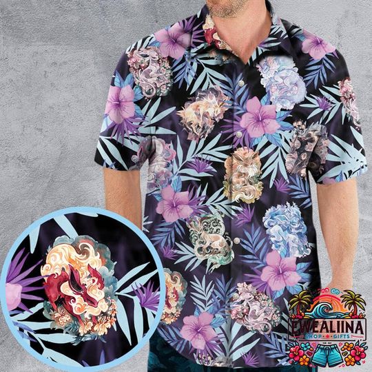 Eevee Evolutions PKM Hawaiian Shirt, PKM Button Up Shirt, Eevee PKM Hawaiian Shirt, PKM Summer Shirt, PKM Fan Gifts