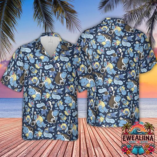 Blastoise Button Up Hawaiian Shirt, Summer Casual Tee, Beach Shirt, PKM Fan Gifts