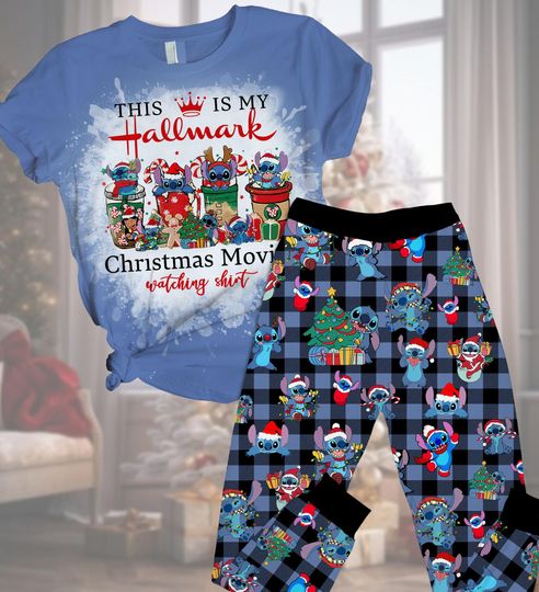 Christmas Lilo And Stitch Pajamas Set, Disney Blue Dog Tshirt