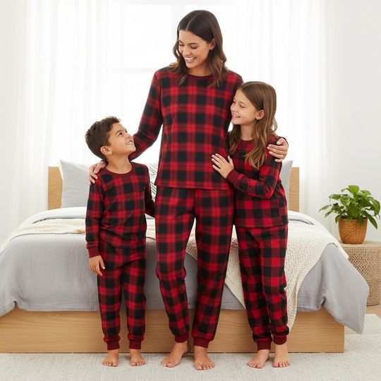 Plaid Family Pajamas, Red Long Sleeve PJs, Checkered Christmas Pajamas, Matching Pyjama Set, Xmas Gift For Family
