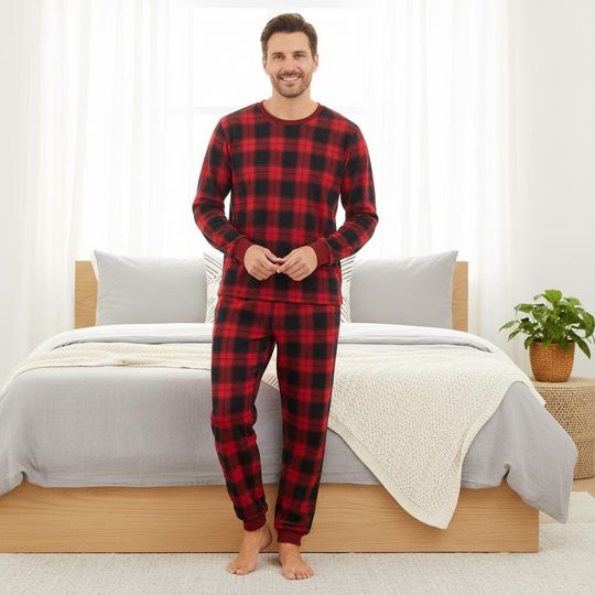 Plaid Family Pajamas, Red Long Sleeve PJs, Checkered Christmas Pajamas, Matching Pyjama Set, Xmas Gift For Family
