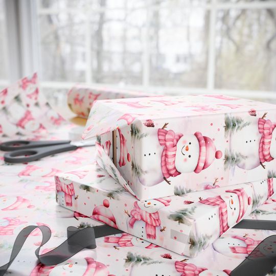 Pink Ornament and Berry Christmas Wrapping Paper Roll, Elegant Holiday Gift Wrap for Baby Shower, Winter Birthday or Feminine Festive Decor