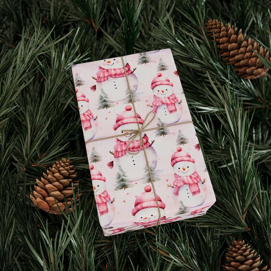 Pink Ornament and Berry Christmas Wrapping Paper Roll, Elegant Holiday Gift Wrap for Baby Shower, Winter Birthday or Feminine Festive Decor