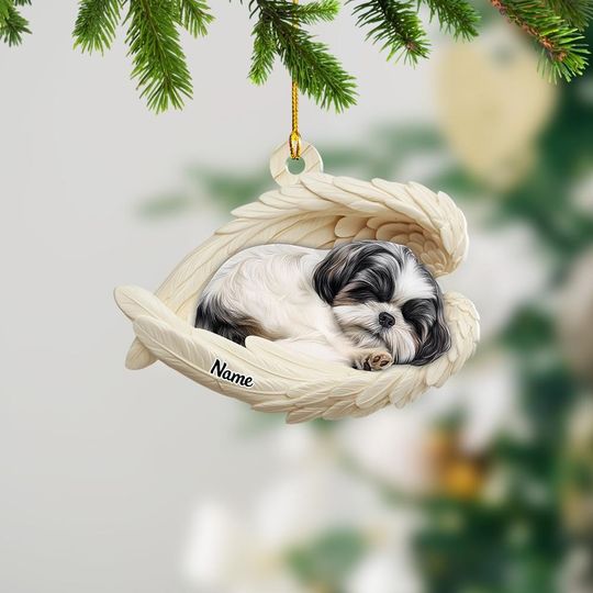 Personalized Shih Tzu Dog Sleeping Angel Wings Ornament, Dog Christmas Ornament, Dog Car Ornament, Gift For Pet Lover