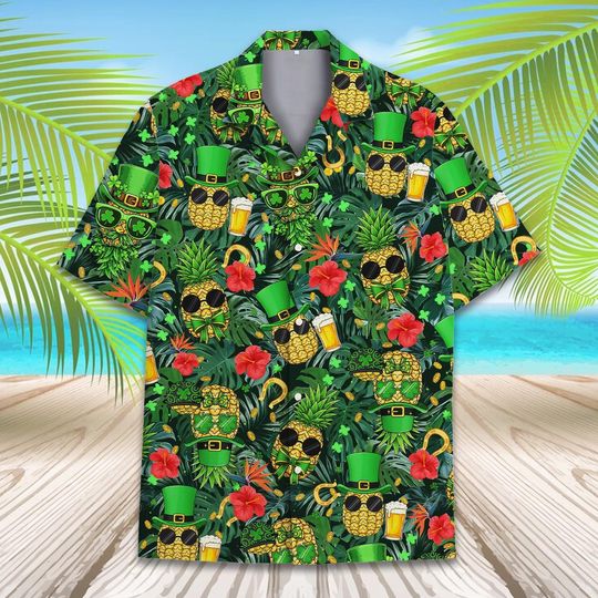 Funny Pineapple Hawaiian Shirt Unisex, St Patricks Day Shirt Button Up, Shamrock Beer Print Shirt, Green Lucky Shirt