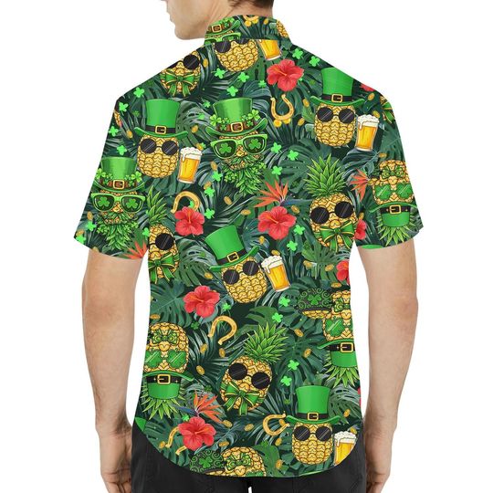 Funny Pineapple Hawaiian Shirt Unisex, St Patricks Day Shirt Button Up, Shamrock Beer Print Shirt, Green Lucky Shirt