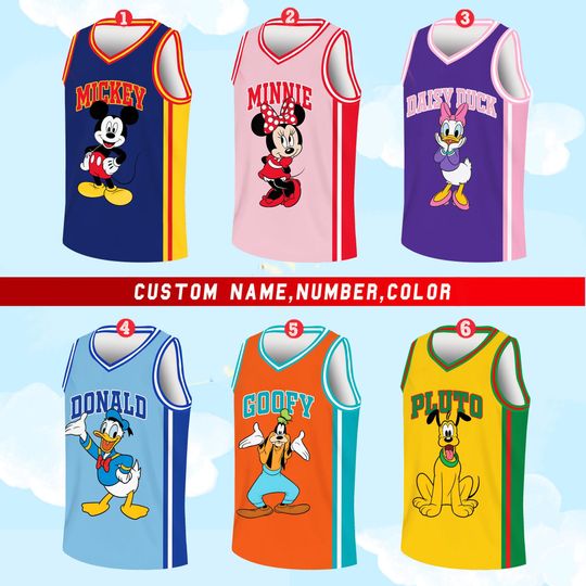 Personalized Mickey and Friends Basketball Jersey, Custom Name Number Disney Kids Basketball Jersey, Disney Basketball Team Jersey