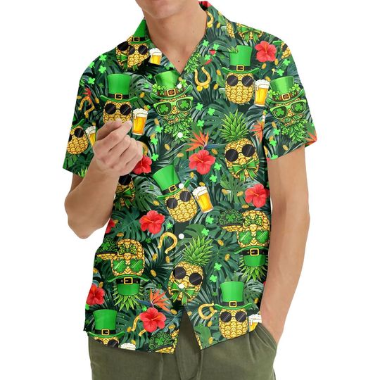 Funny Pineapple Hawaiian Shirt Unisex, St Patricks Day Shirt Button Up, Shamrock Beer Print Shirt, Green Lucky Shirt