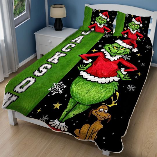 Personalized Funny Character Quilt Bedding Set with Custom Name, Christmas Edition
