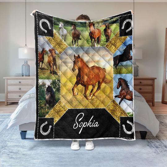 Personalized Horse Quilt Set, Horse Patchwork Pattern Quilt Blanket & Pillowcases, Custom Name Quilt Bedding Set, Gift for Horse Lover