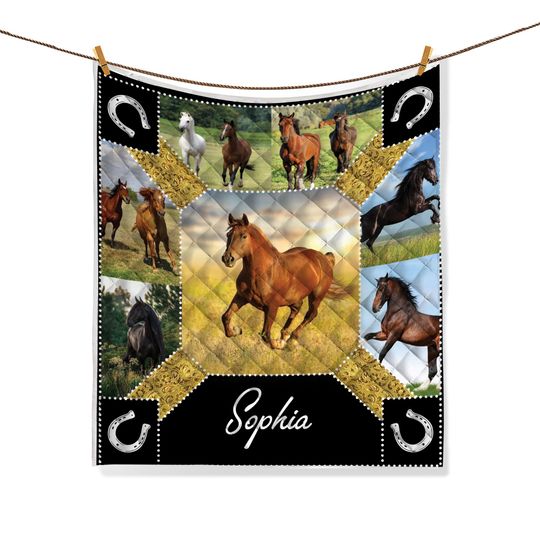 Personalized Horse Quilt Set, Horse Patchwork Pattern Quilt Blanket & Pillowcases, Custom Name Quilt Bedding Set, Gift for Horse Lover