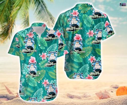 Baja Blastoise Hawaiian Shirt, Cute Tropical Summer Vacation Beach Shirt, Anime Meme Graphic Tee