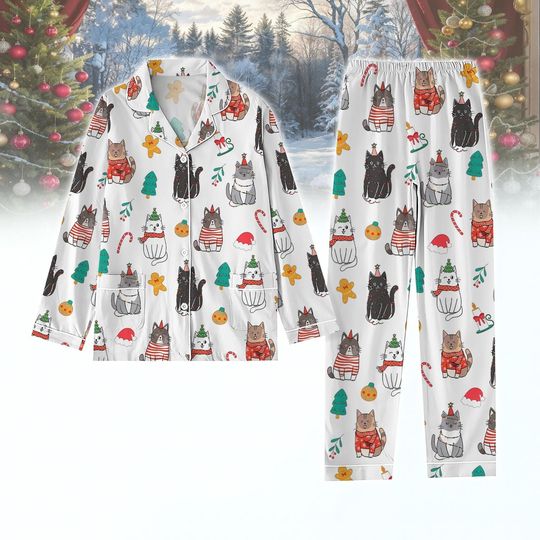 Cute Cat Christmas Pajamas Set, Funny Kitty Holiday Sleepwear, Cozy Winter PJS