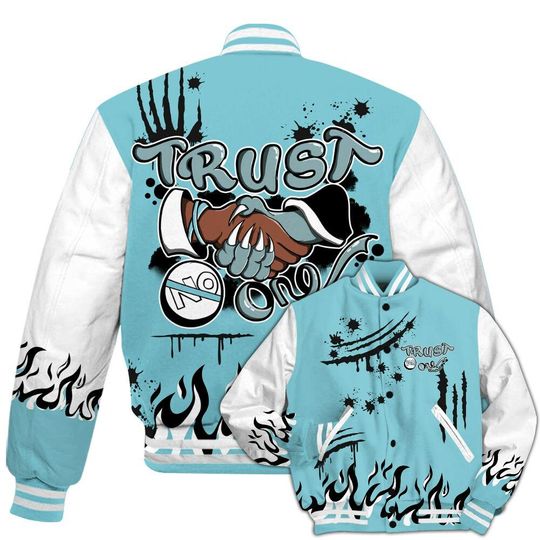 Dunkare Low Legend Blue 11s Baseball Varsity Jacket, Graphic Trust No One All Over Print Letterman Jackets