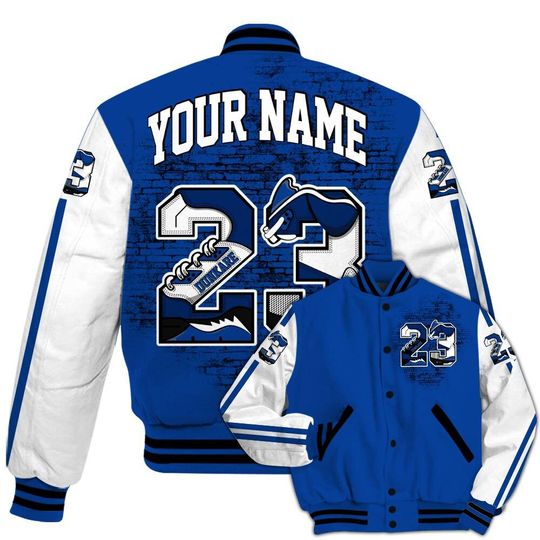 Dunkare Low Game Royal 1s Baseball Varsity Jacket, Custom Number 23 5s All Over Print Letterman Jackets