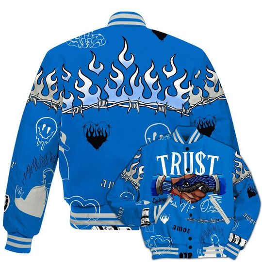 Dunkare Blueberry 12s Baseball Varsity Jacket, Trust No One Streetwear All Over Print Letterman Jackets