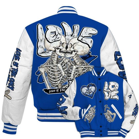 Dunkare Low Game Royal 1s Baseball Varsity Jacket - Skull Love All Over Print Letterman Jackets