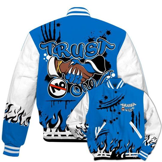 Dunkare Blueberry 12s Baseball Varsity Jacket, Graphic Trust No One All Over Print Letterman Jackets
