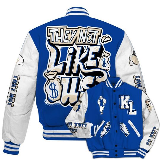 Dunkare Low Game Royal 1s Baseball Varsity Jacket - Dislike Us Graphic All Over Print Letterman Jackets