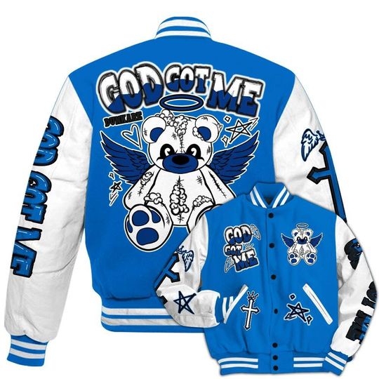 Dunkare Blueberry 12s Baseball Varsity Jacket - Gods Guides Me Bear All Over Print Letterman Jackets