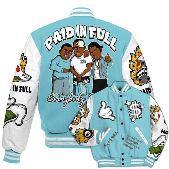 Dunkare Low Legend Blue 11s Baseball Varsity Jacket, Everybody Paid In Full Graphic All Over Print Letterman Jackets