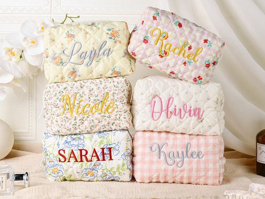 Personalized Embroidered Makeup Bag, Custom Floral Cosmetic Bag, Travel Makeup Pouch, Women’s Toiletry Bag, Bridesmaid Gift