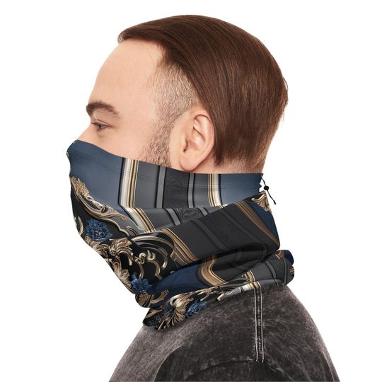 Luxury Fleece Neck Gaiter Black Blue and Gold Winter Warmer