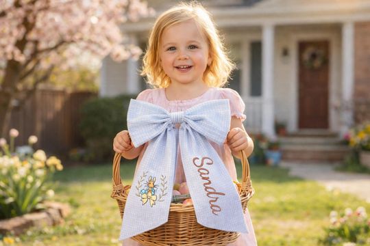 Personalized Seersucker Easter Basket Bow with Name,Embroidered Bunny Basket Decor for Kid|Toddler