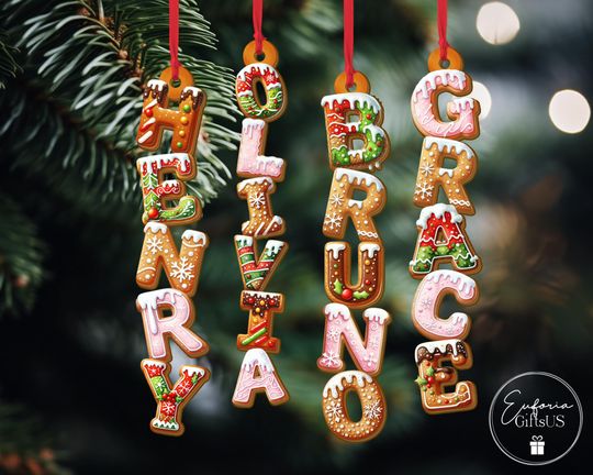 Personalized Gingerbread Alphabet Ornament 2025, Custom Kids Name Ornament, Christmas Tag for Stockings, Family Keepsake, Initial Ornament
