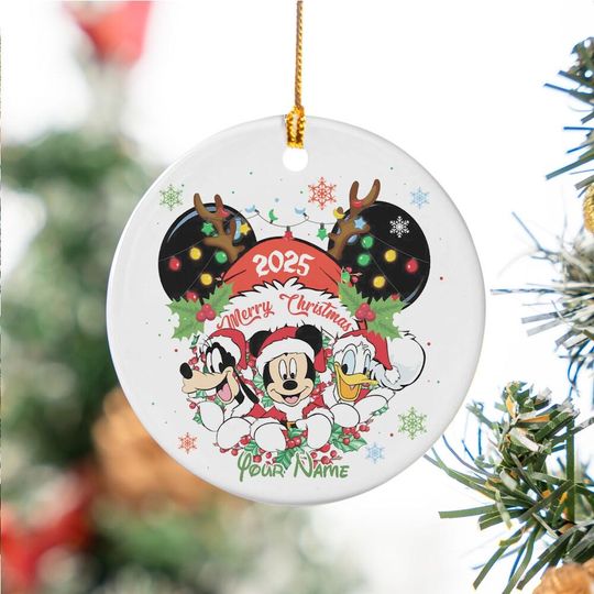 Custom Disney Merry Christmas Mickey Mouse Friends Ceramic Ornament, Personalized Ornament
