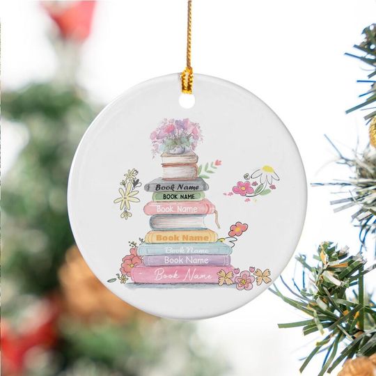 Personalize Book And Flower Lover Ceramic Ornament, Custom Reading Gift For Book Lover