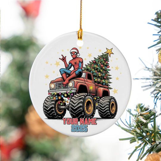 Personalized Marvel Christmas Spider-man Monster Truck Ceramic Ornament
