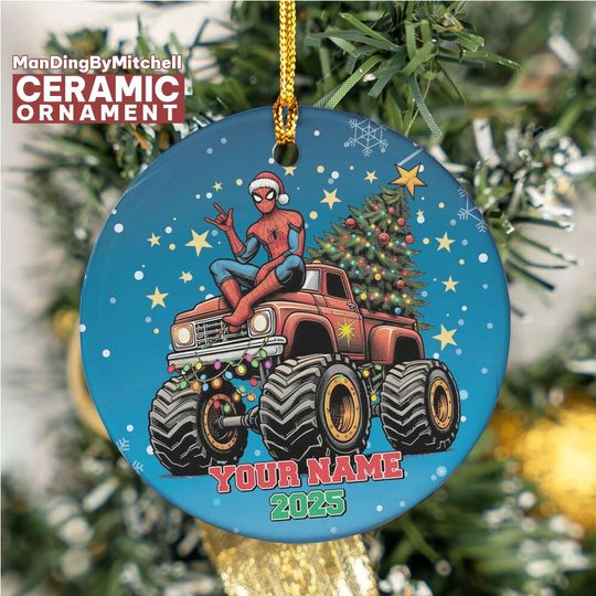 Personalized Marvel Spider-man Monster Truck Ceramic Ornament, Custom Christmas Ornament